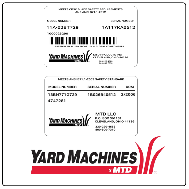 examples of what Yard Machines model tags usually look like and a large Yard Machines logo