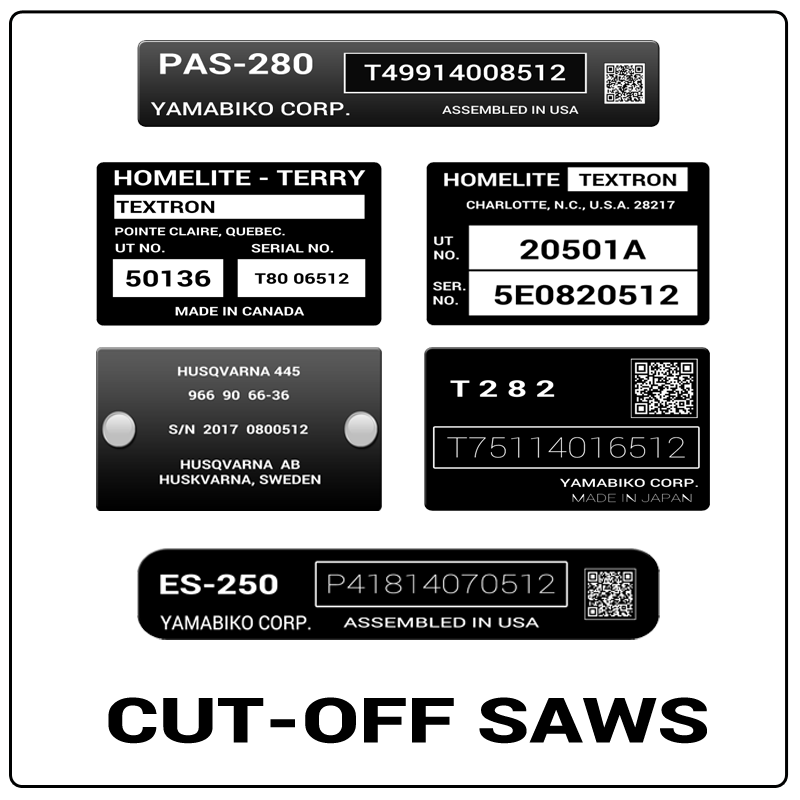 examples of what Cut-Off Saws model tags usually look like and a large Cut-Off Saws logo